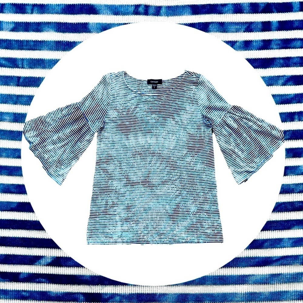 Karen Kane Striped Tie Dye Bell 1/2 Sleeve Blue & White Boho Rayon Blend Top